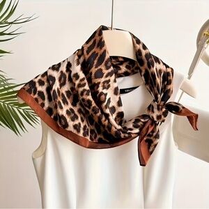 Leopard Print Satin Scarf with Brown Border